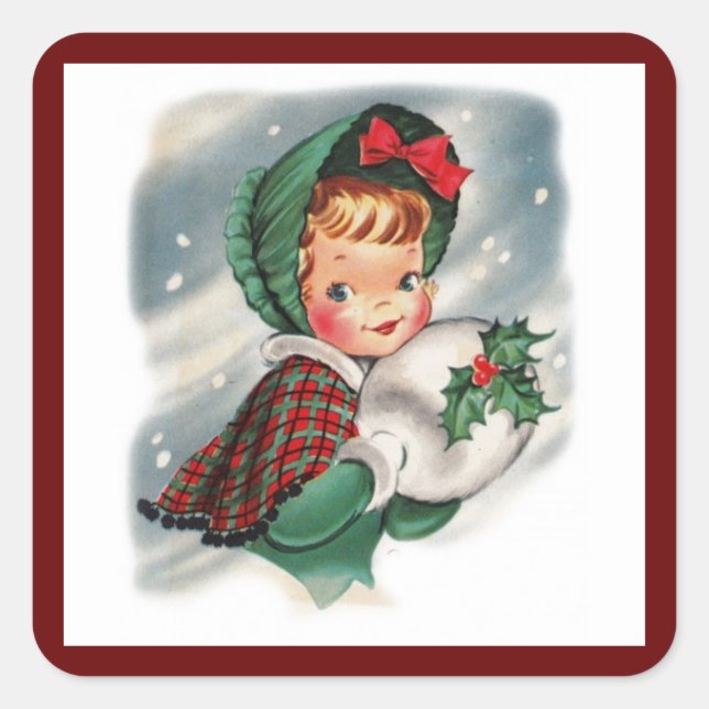 Vintage Christmas Girl Holding Holly Quadratischer Aufkleber (Vorderseite)