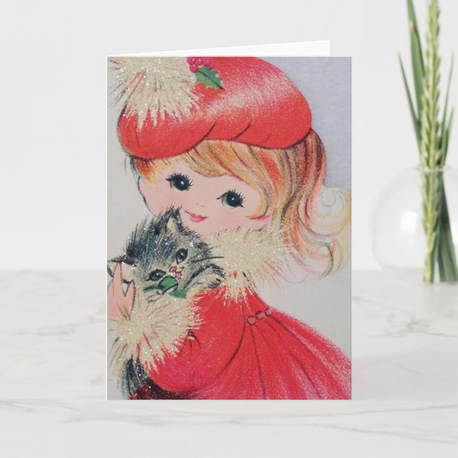 Vintage Christmas Girl Holding Kitty Feiertagskarte (Vorderseite)