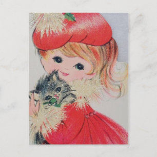Vintage Christmas Girl Holding Kitty Feiertagspostkarte