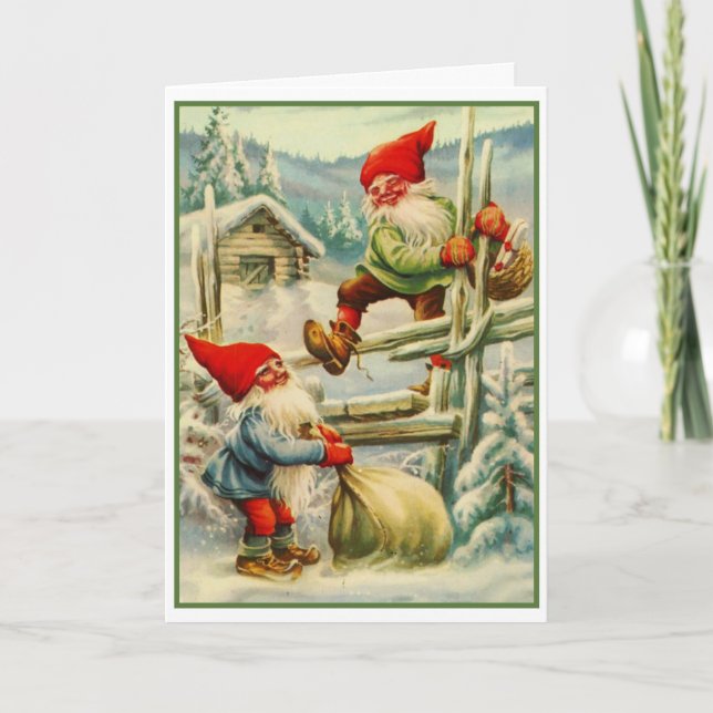 Vintage Christmas Gnomes Moving Loot Feiertagskarte (Vorderseite)
