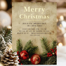 Vintage Christmas Gold Foil Invitation Card