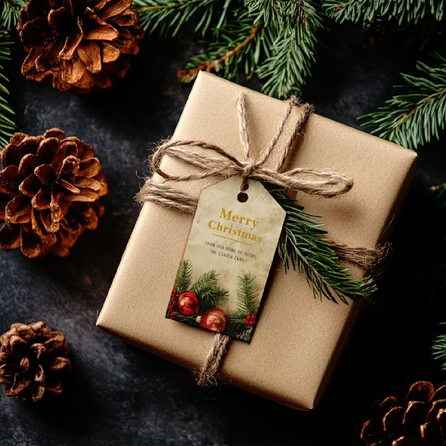 Vintage Christmas Gold Gift Tag | Classic Red Geschenkanhänger (Vintage Christmas gift tag on burnt parchment with red & green creeper — warm holiday wishes & joy!!)