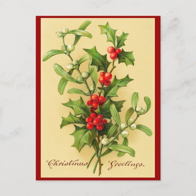 Vintage Christmas Holly Feiertagspostkarte (Vorderseite)