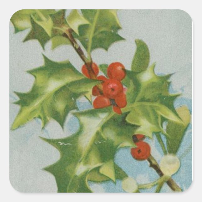 Vintage Christmas Holly Kunstwerk Quadratischer Aufkleber (Vorderseite)