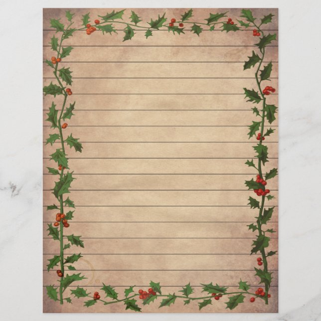 Vintage Christmas Holly Lined Writer Paper (Vorderseite)