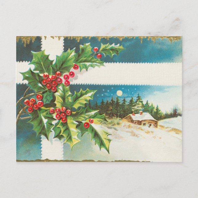 Vintage Christmas Holly Mistletoe Holiday Postkarte (Vorderseite)