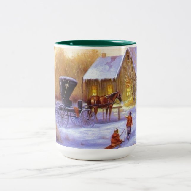 Vintage Christmas Horriage Children Sleigh Zweifarbige Tasse (Mittel)