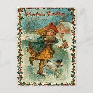 Vintage Christmas Ice Skating Postcard Feiertagspostkarte