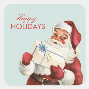 Vintage Christmas Jolly Santa Blue Red Holiday Quadratischer Aufkleber