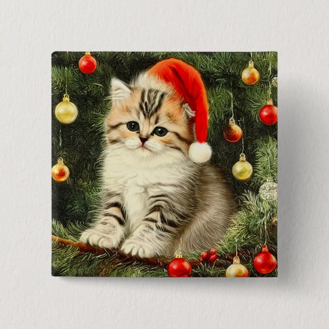 Vintage Christmas Kitten Button (Vorderseite)