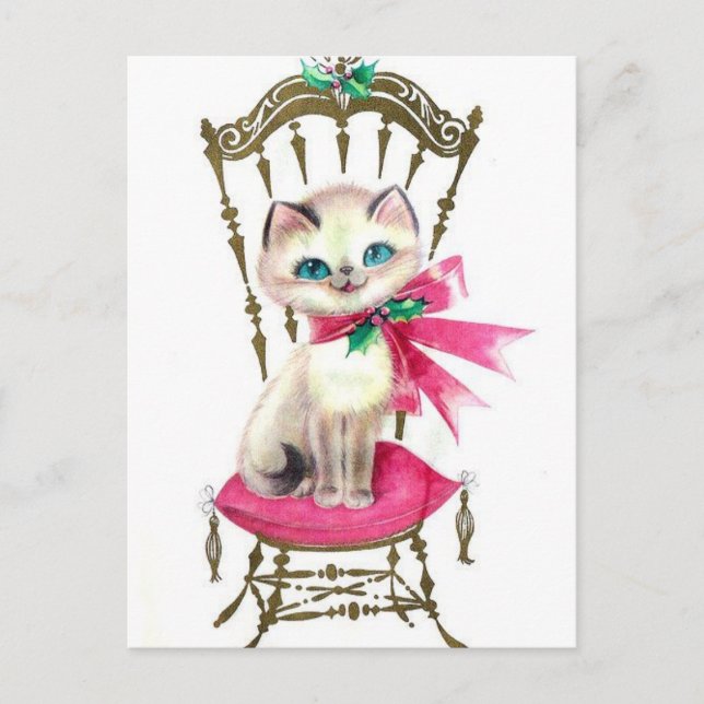 Vintage Christmas Kitten Feiertagspostkarte (Vorderseite)