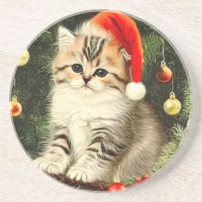 Vintage Christmas Kitten Getränkeuntersetzer (Vorne)