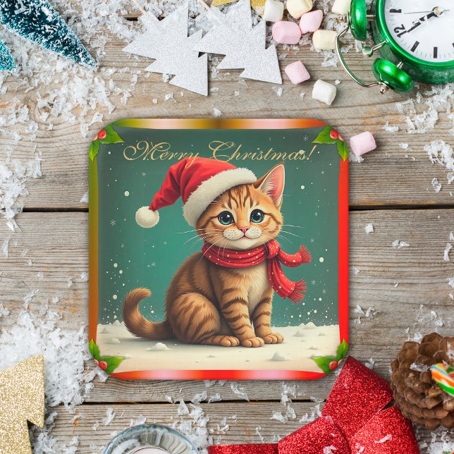 Vintage Christmas Kitten Merry Christmas Pappteller (Vintage Christmas Kitten Merry Christmas Paper Plates by the Olde Christmas Shoppe)