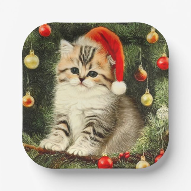 Vintage Christmas Kitten Pappteller (Vorderseite)
