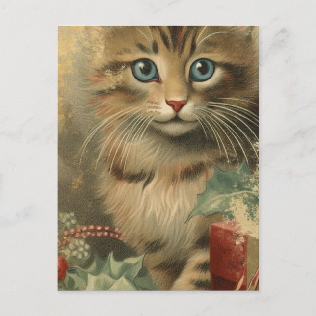 Vintage Christmas Kitten Postkarte (Vorderseite)