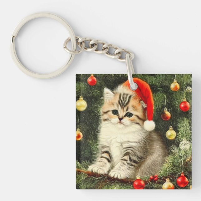 Vintage Christmas Kitten Schlüsselanhänger (Vorderseite)