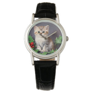 Vintage Christmas Kitten und Holly Armbanduhr