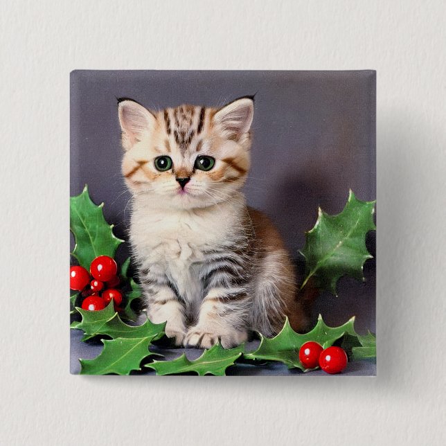 Vintage Christmas Kitten und Holly Button (Vorderseite)