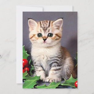 Vintage Christmas Kitten und Holly Feiertagskarte