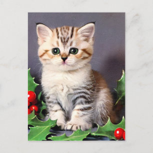 Vintage Christmas Kitten und Holly Feiertagspostkarte