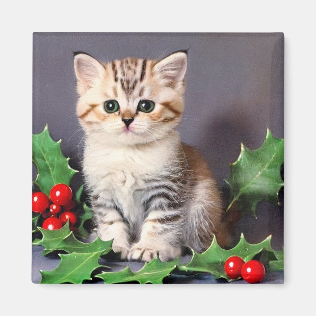 Vintage Christmas Kitten und Holly Magnet (Vorne)