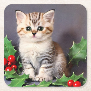 Vintage Christmas Kitten und Holly Rechteckiger Pappuntersetzer