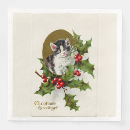 Vintage Christmas Kitten White Serviette
