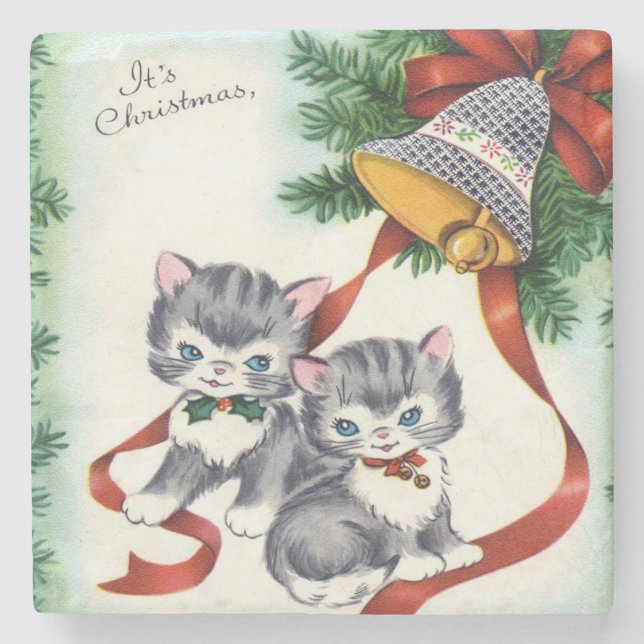 Vintage Christmas Kittens Steinuntersetzer (Vorderseite)