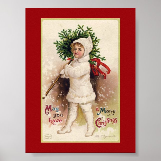 VINTAGE CHRISTMAS "KLEINES MÄDCHEN UND BAUM" POSTE POSTER (Vorne)