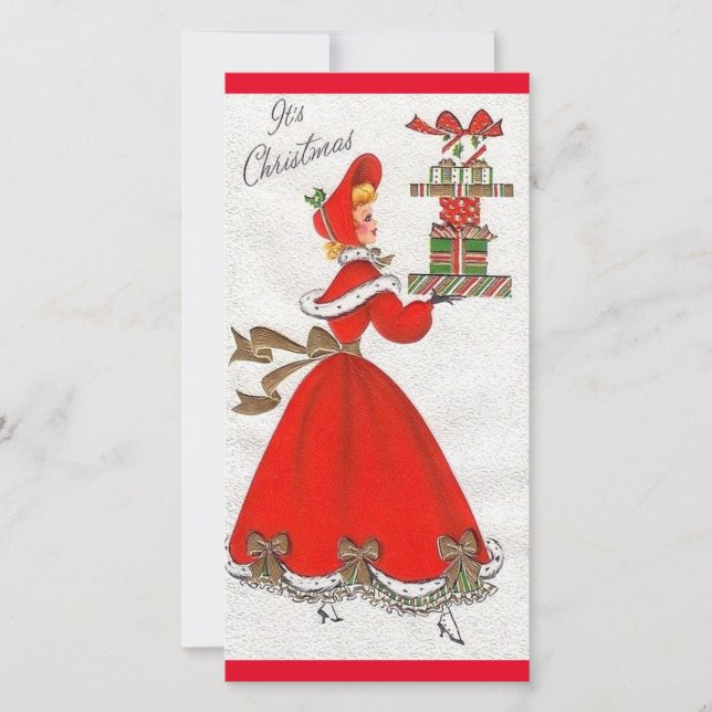 Vintage Christmas Lady Brings Geschenke Feiertagskarte (Vorderseite)
