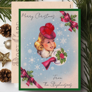 Vintage Christmas Lady Individuelle Name Postcard Feiertagspostkarte