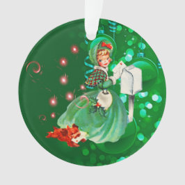 Vintage Christmas Lady Mailing Letter Green Ornament