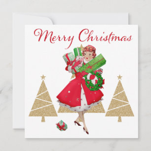 Vintage Christmas Lady präsentiert Red Green Gold Feiertagskarte