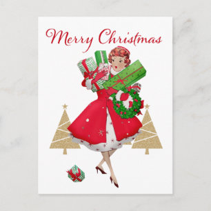 Vintage Christmas Lady präsentiert Red Green Gold Feiertagspostkarte