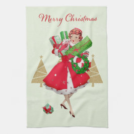 Vintage Christmas Lady präsentiert Red Green Gold Geschirrtuch