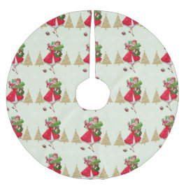 Vintage Christmas Lady präsentiert Red Green Gold Polyester Weihnachtsbaumdecke