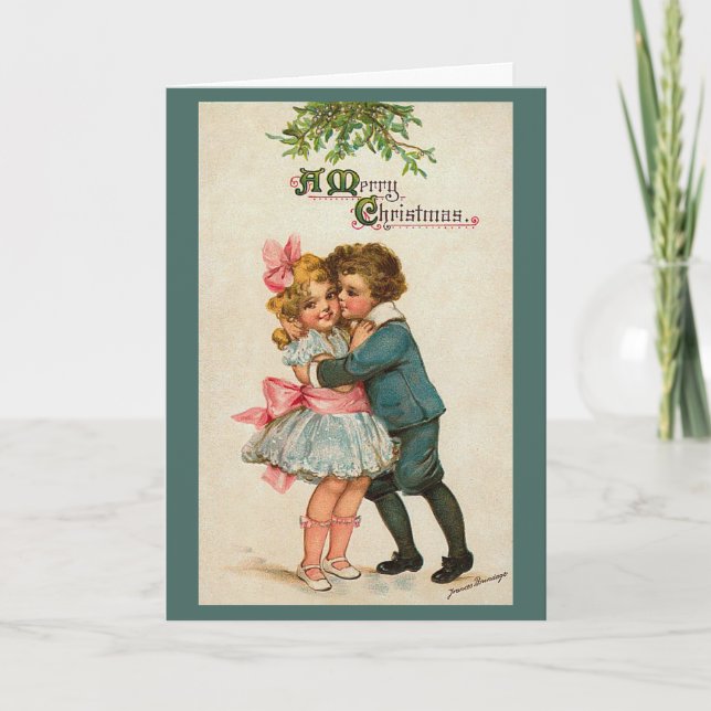 Vintage Christmas Mistletoe Kiss Grußkarte Feiertagskarte (Vorderseite)