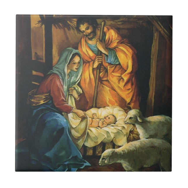 Vintage Christmas Nativity, Baby Jesus in Manger Fliese (Vorderseite)