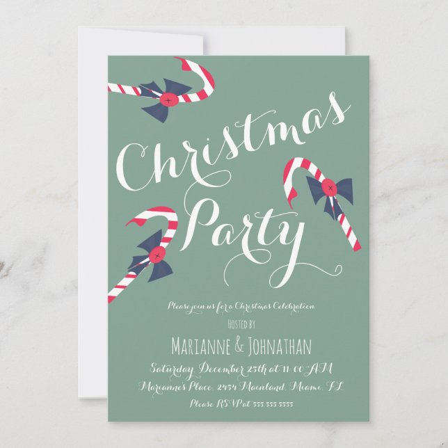 Vintage Christmas Party Script Candy Cane Einladung (Vorderseite)