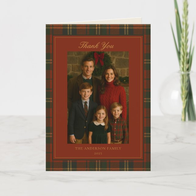 Vintage Christmas Plaid Traditional Family Dankeskarte (Vorderseite)