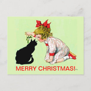 VINTAGE CHRISTMAS POSTCARD, MÄDCHEN W CAT FEIERTAGSPOSTKARTE