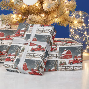 Vintage Christmas Red Truck, Barn, Land Geschenkpapier