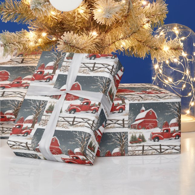 Vintage Christmas Red Truck, Barn, Land Geschenkpapier (Feiertage)