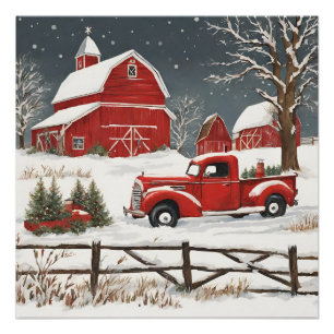 Vintage Christmas Red Truck, Barn, Land Poster