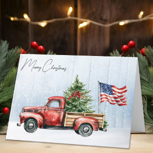 Vintage Christmas Red Truck Patriotic USA Flag Feiertagskarte