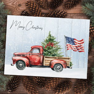 Vintage Christmas Red Truck Patriotic USA Flag Mitteilungskarte