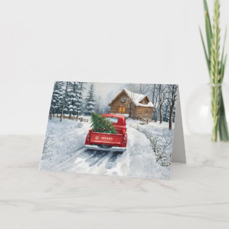 Vintage Christmas Red Truck Winter Cabin 1 Photo Karte