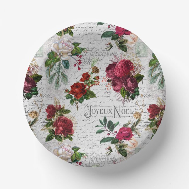 Vintage Christmas Rose Joyeux Weihnachten Ephemera Pappteller (Vorderseite)