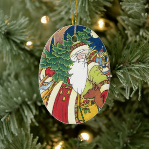 Vintage Christmas, Santa Claus Deer in Forest Keramik Ornament