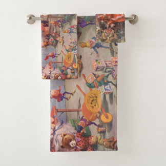 Vintage Christmas, Santa Claus with Elves Workshop Badhandtuch Set